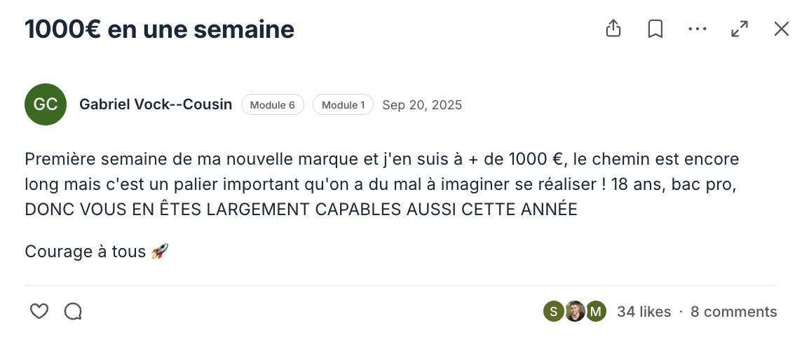 Post de la communauté Ecom Accelerator : résultat partagé par un élève