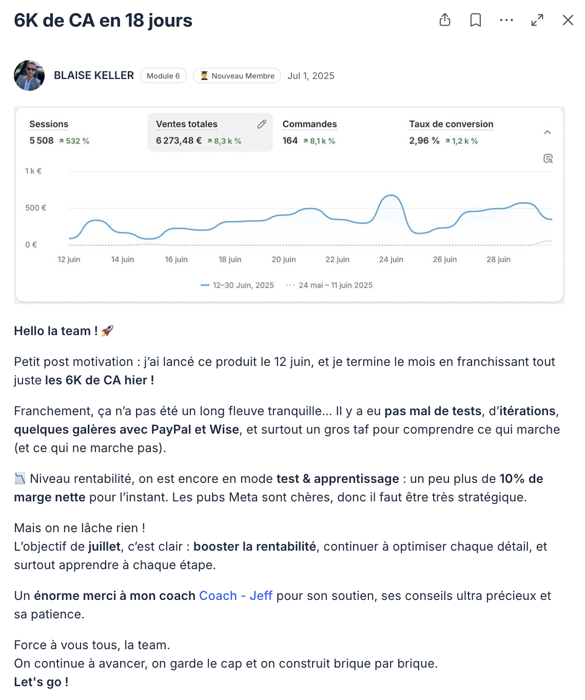 Post de la communauté Ecom Accelerator : résultat partagé par un élève