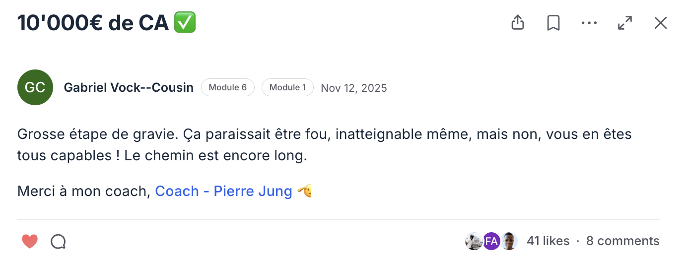 Post de la communauté Ecom Accelerator : résultat partagé par un élève