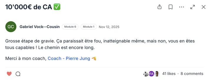 Post de la communauté Ecom Accelerator : résultat partagé par un élève