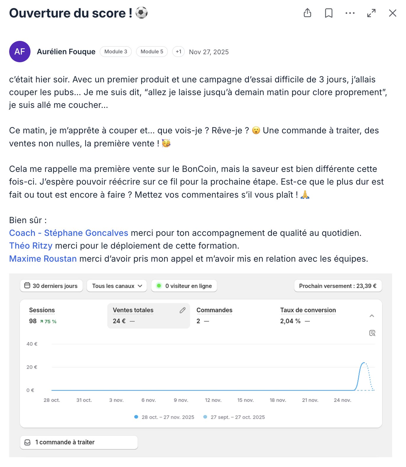 Post de la communauté Ecom Accelerator : résultat partagé par un élève